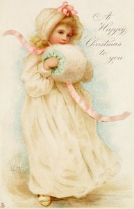 Christmas card depicting a girl with a muff